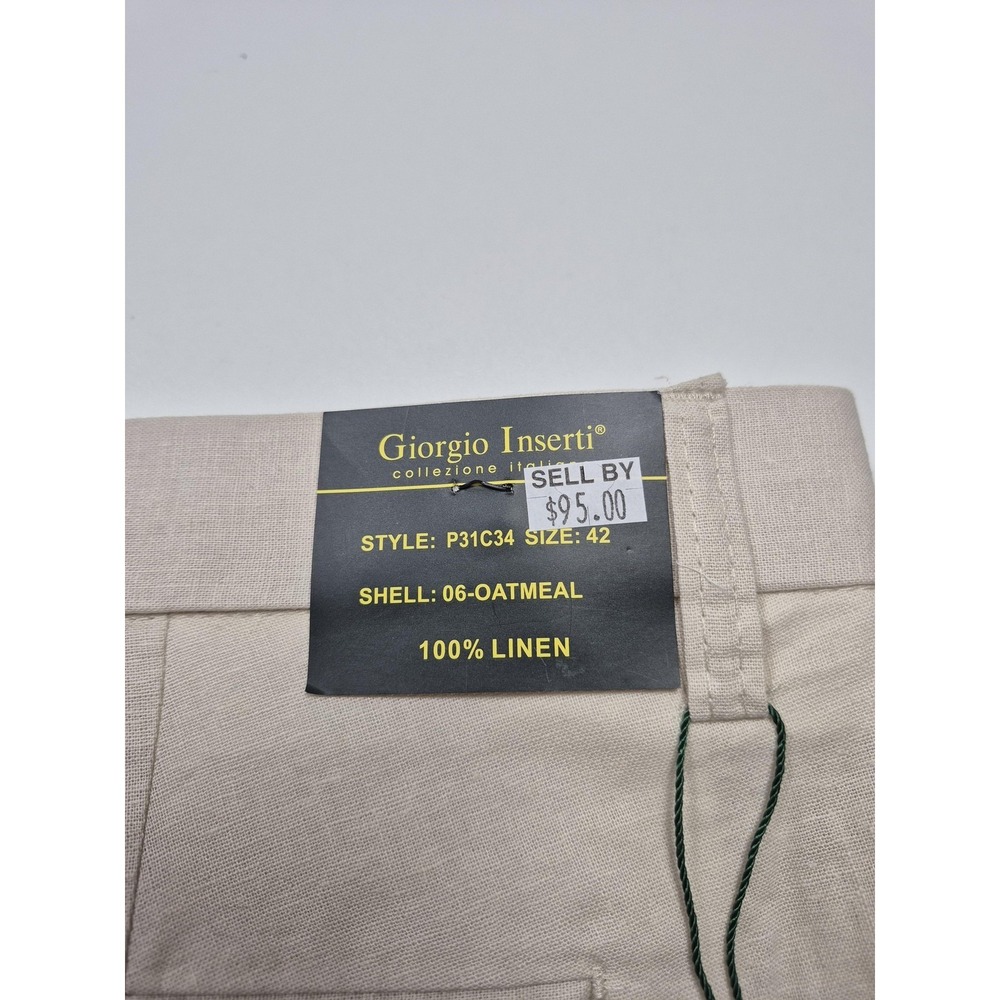 Giorgio Inserti Dress Pants Mens 42x34 Beige Oatmeal Linen Pleated Straight NWT - Picture 7 of 14